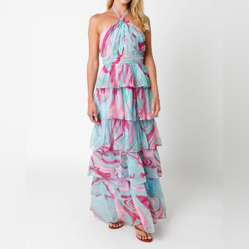 Olivaceous Pink and Aqua Marble Halter Maxi Dress